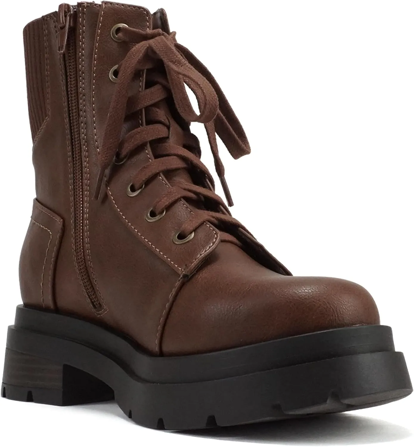 Soda “AMINA” ~ Women Round Toe Lace-Up Platform Lug Sole Low Heel Combat Ankle Boot with Sweater Top Shaft Side Zipper