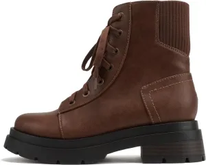 Soda “AMINA” ~ Women Round Toe Lace-Up Platform Lug Sole Low Heel Combat Ankle Boot with Sweater Top Shaft Side Zipper