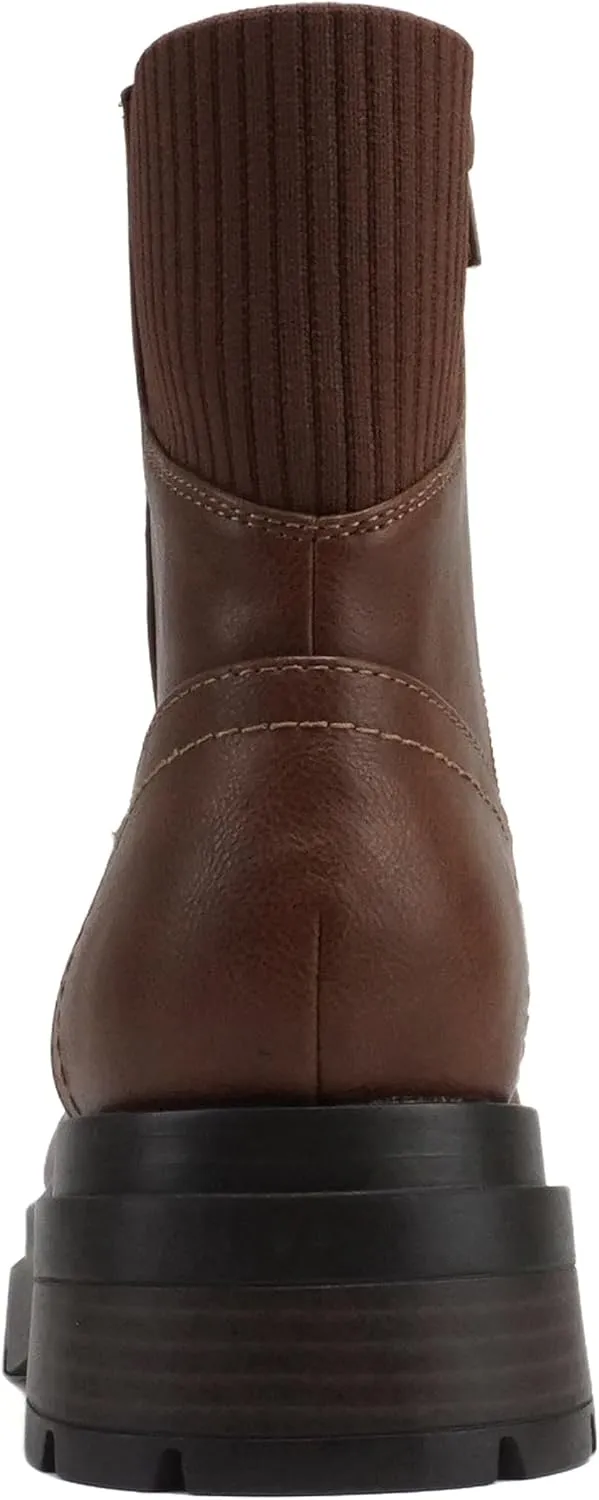 Soda “AMINA” ~ Women Round Toe Lace-Up Platform Lug Sole Low Heel Combat Ankle Boot with Sweater Top Shaft Side Zipper