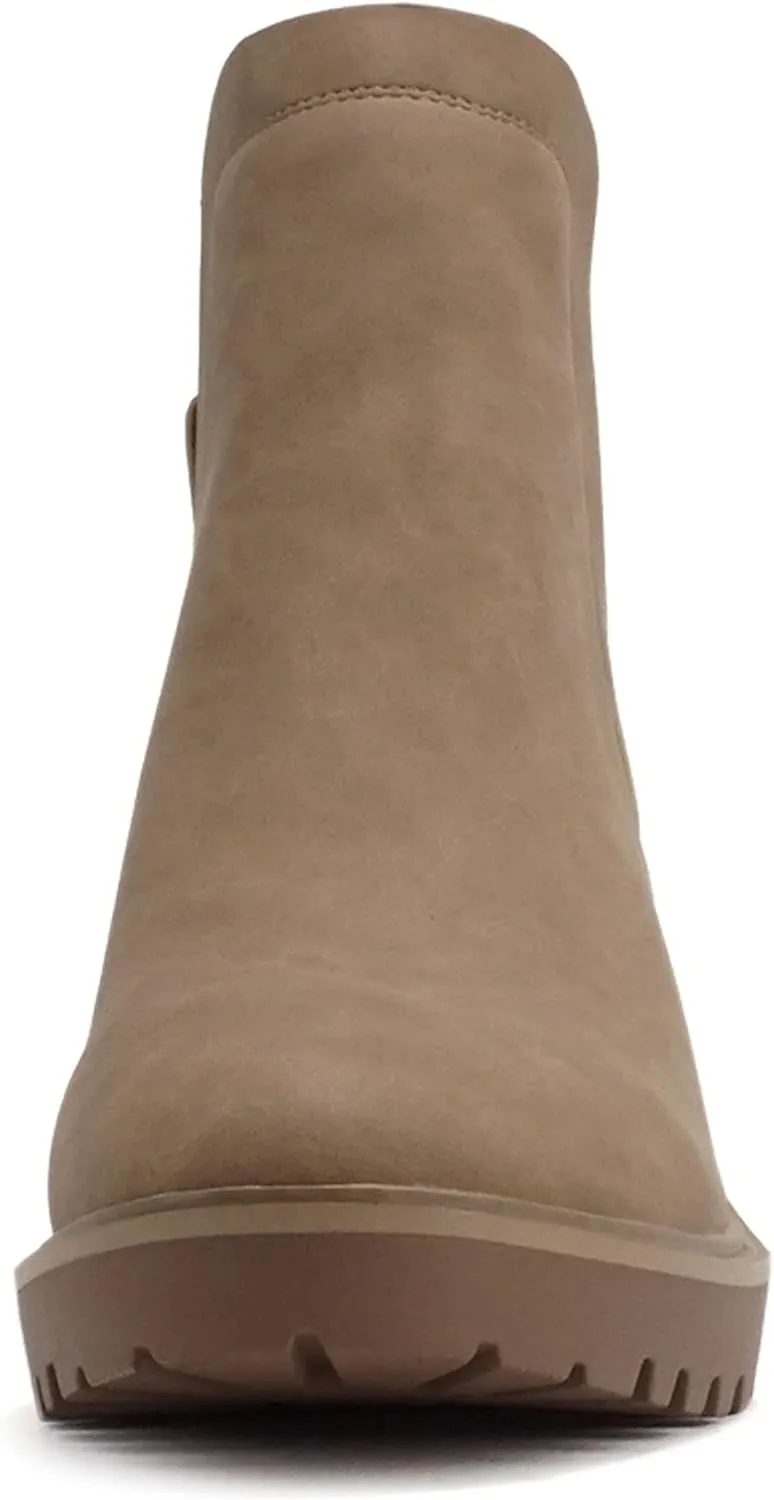 Soda “BAIT” ~ Women Round Toe Pull-On Elastic Gore Two-Tone Print Lug Sole Low Wedge Heel Ankle Boot
