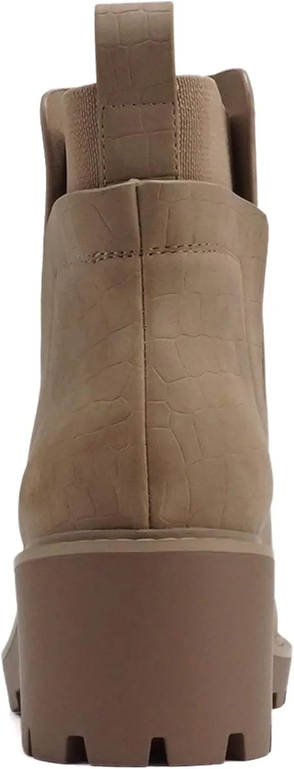 Soda “BAIT” ~ Women Round Toe Pull-On Elastic Gore Two-Tone Print Lug Sole Low Wedge Heel Ankle Boot