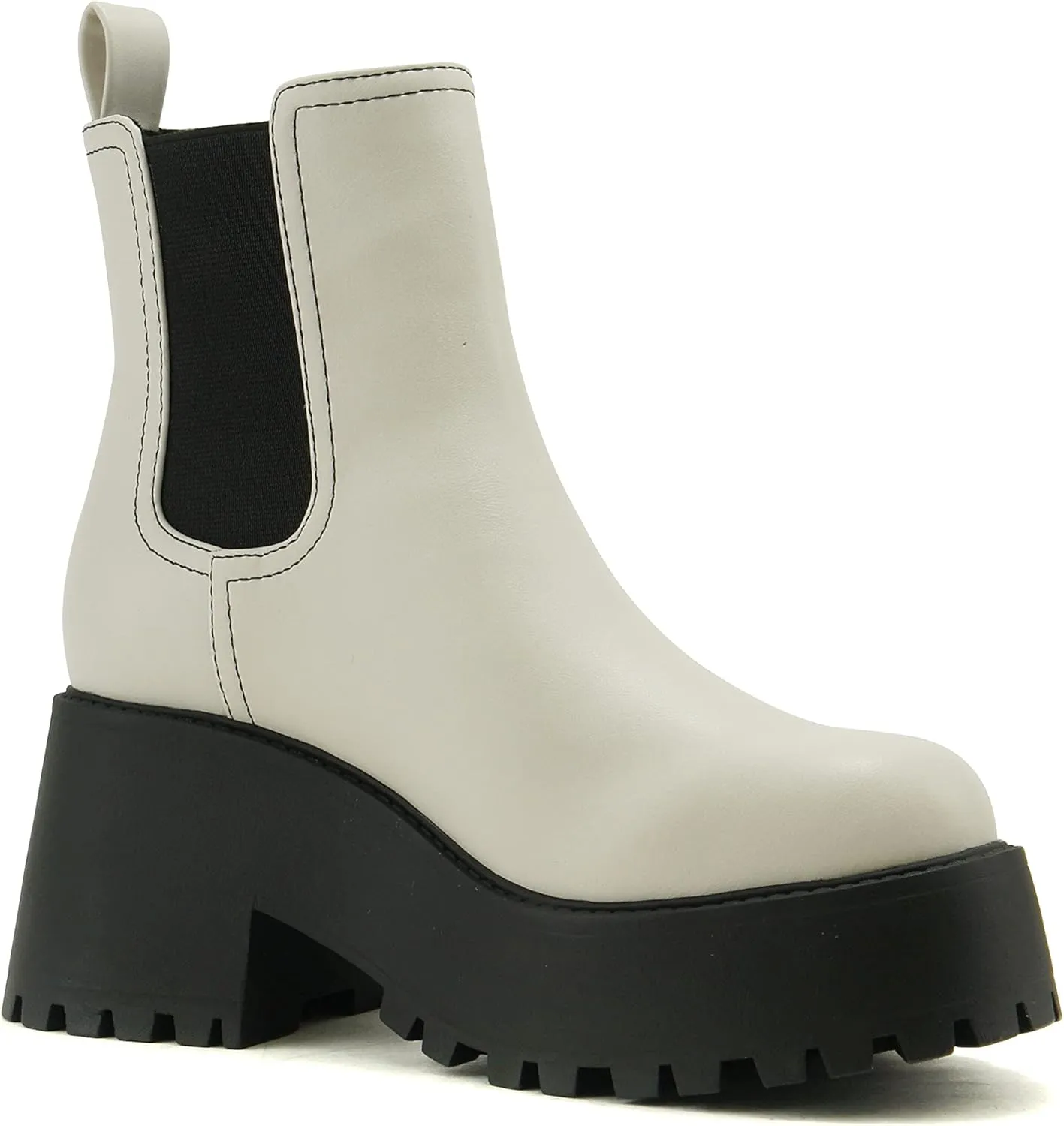 Soda INSTANT Women Chunky Lug Sole Mid Heel Chelsea Fashion Ankle Bootie w/Double Elastic Gore