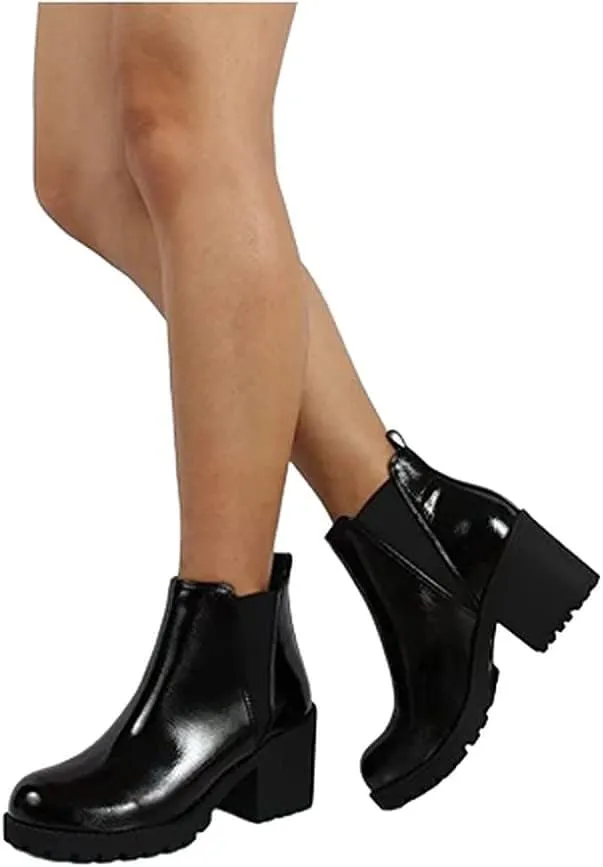 Soda ORIGAMI ~ WOMEN LUG SOLE MID HEEL FASHION ANKLE BOOTIE W/DOUBLE ELASTIC GORE