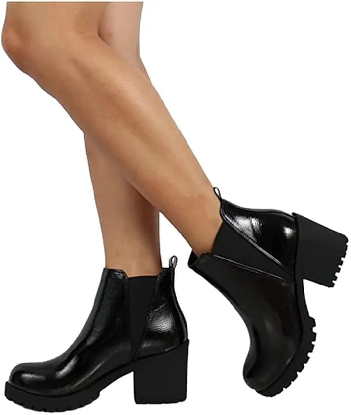 Soda ORIGAMI ~ WOMEN LUG SOLE MID HEEL FASHION ANKLE BOOTIE W/DOUBLE ELASTIC GORE