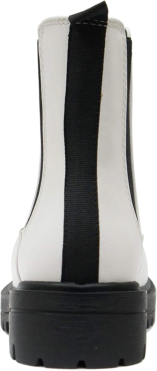 Soda Pilot ~ Women Lug Sole Low Heel Chelsea Fashion Ankle Bootie w/Double Elastic Gore (White, numeric_5_point_5)