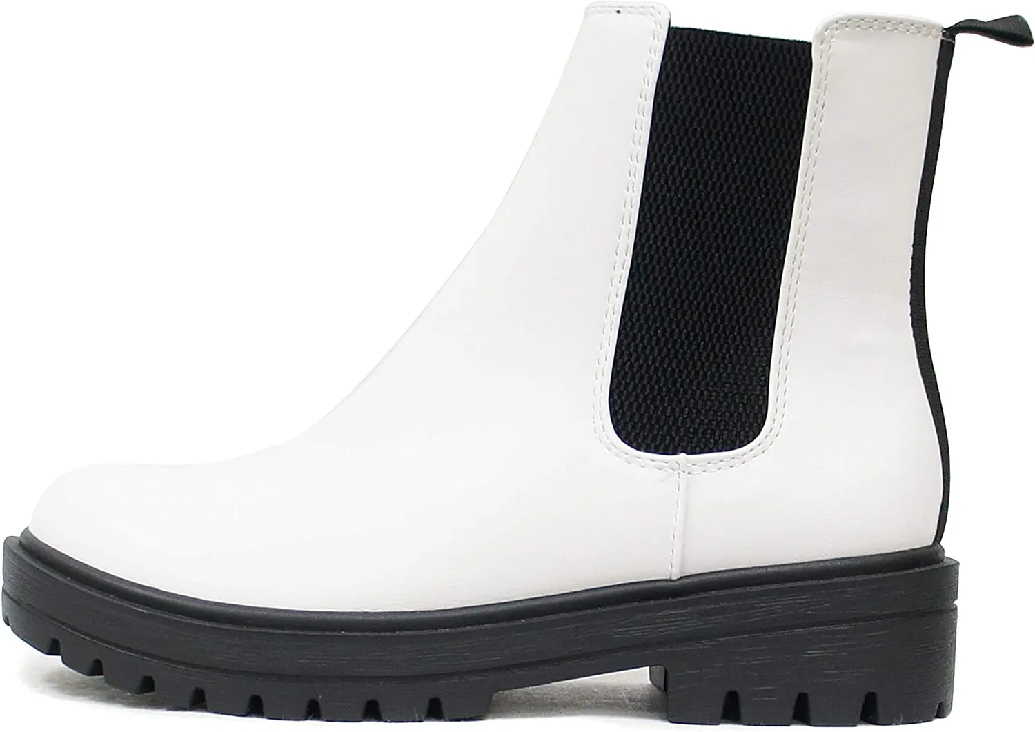 Soda Pilot ~ Women Lug Sole Low Heel Chelsea Fashion Ankle Bootie w/Double Elastic Gore (White, numeric_5_point_5)