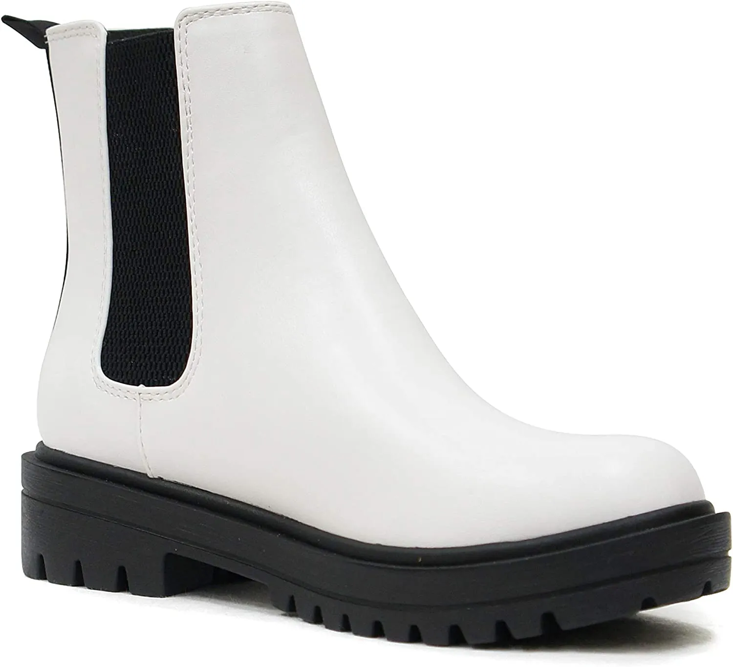 Soda Pilot ~ Women Lug Sole Low Heel Chelsea Fashion Ankle Bootie w/Double Elastic Gore (White, numeric_5_point_5)