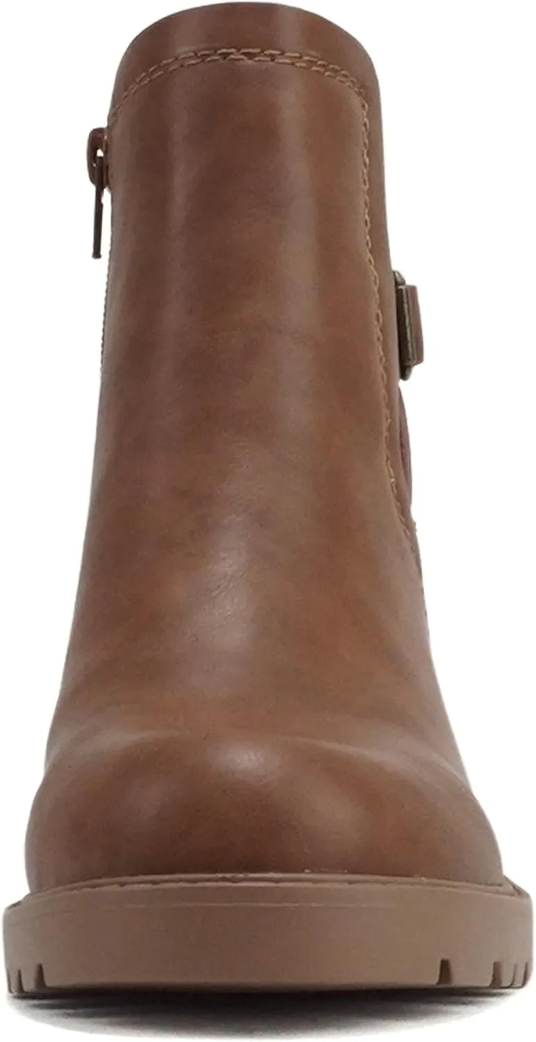 Soda “PUGGLE” ~ Women Round Toe Elastic Gore Belted Strap Lug Sole Low Heel Ankle Boot with Side Zipper