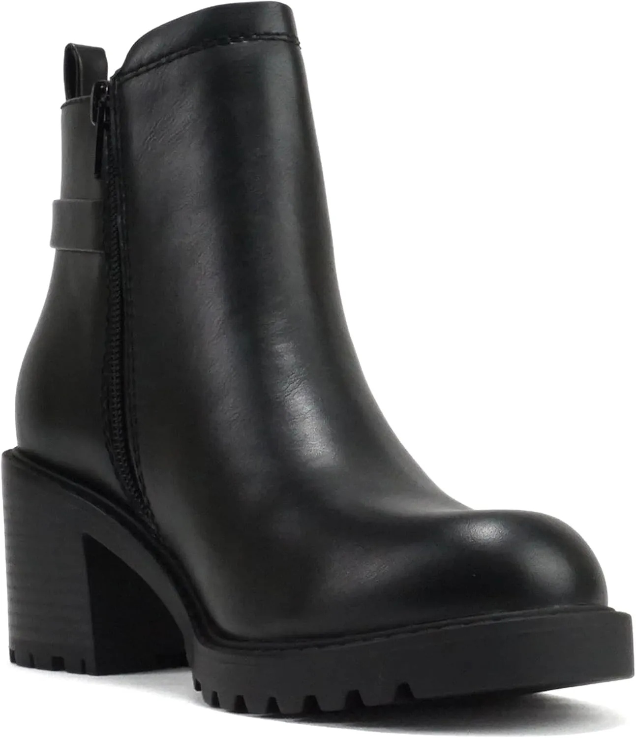 Soda “PUGGLE” ~ Women Round Toe Elastic Gore Belted Strap Lug Sole Low Heel Ankle Boot with Side Zipper