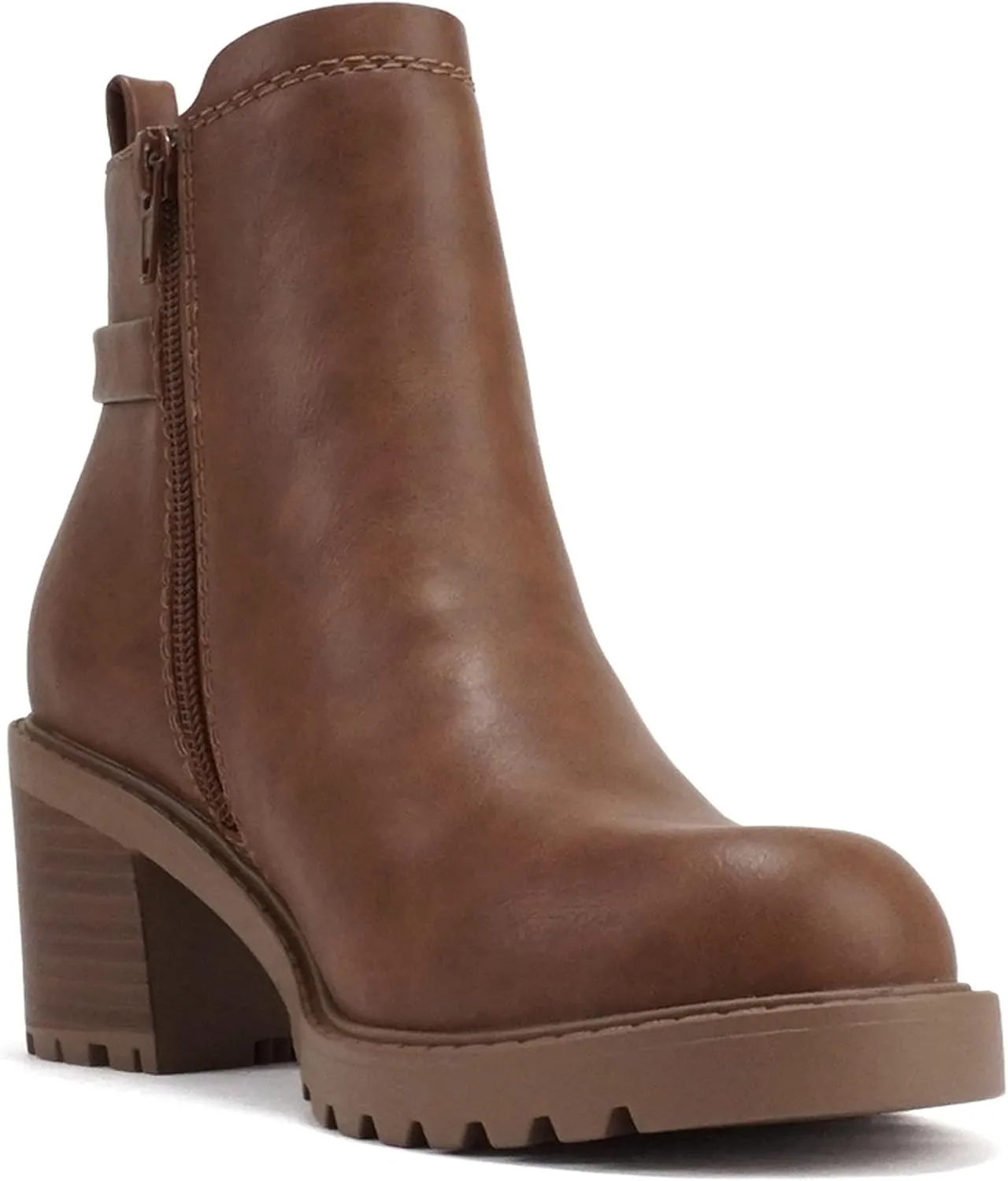 Soda “PUGGLE” ~ Women Round Toe Elastic Gore Belted Strap Lug Sole Low Heel Ankle Boot with Side Zipper