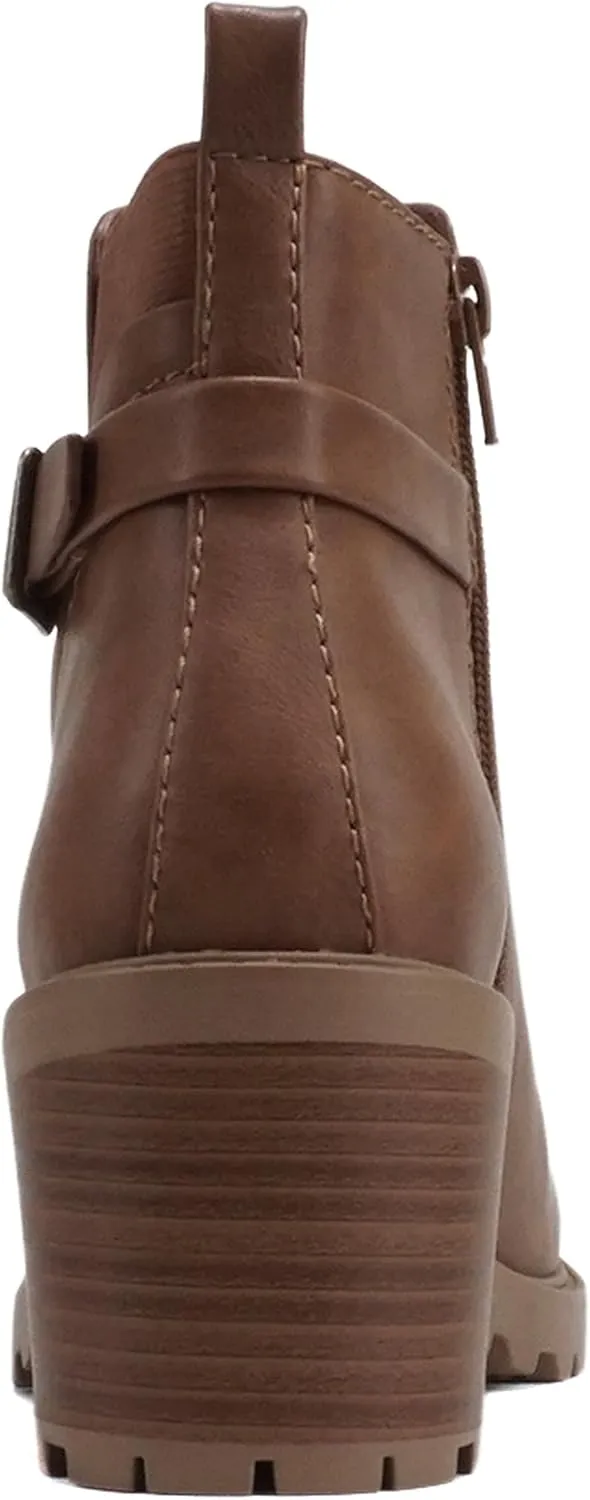 Soda “PUGGLE” ~ Women Round Toe Elastic Gore Belted Strap Lug Sole Low Heel Ankle Boot with Side Zipper