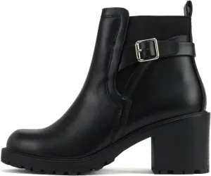 Soda “PUGGLE” ~ Women Round Toe Elastic Gore Belted Strap Lug Sole Low Heel Ankle Boot with Side Zipper