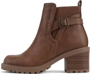Soda “PUGGLE” ~ Women Round Toe Elastic Gore Belted Strap Lug Sole Low Heel Ankle Boot with Side Zipper