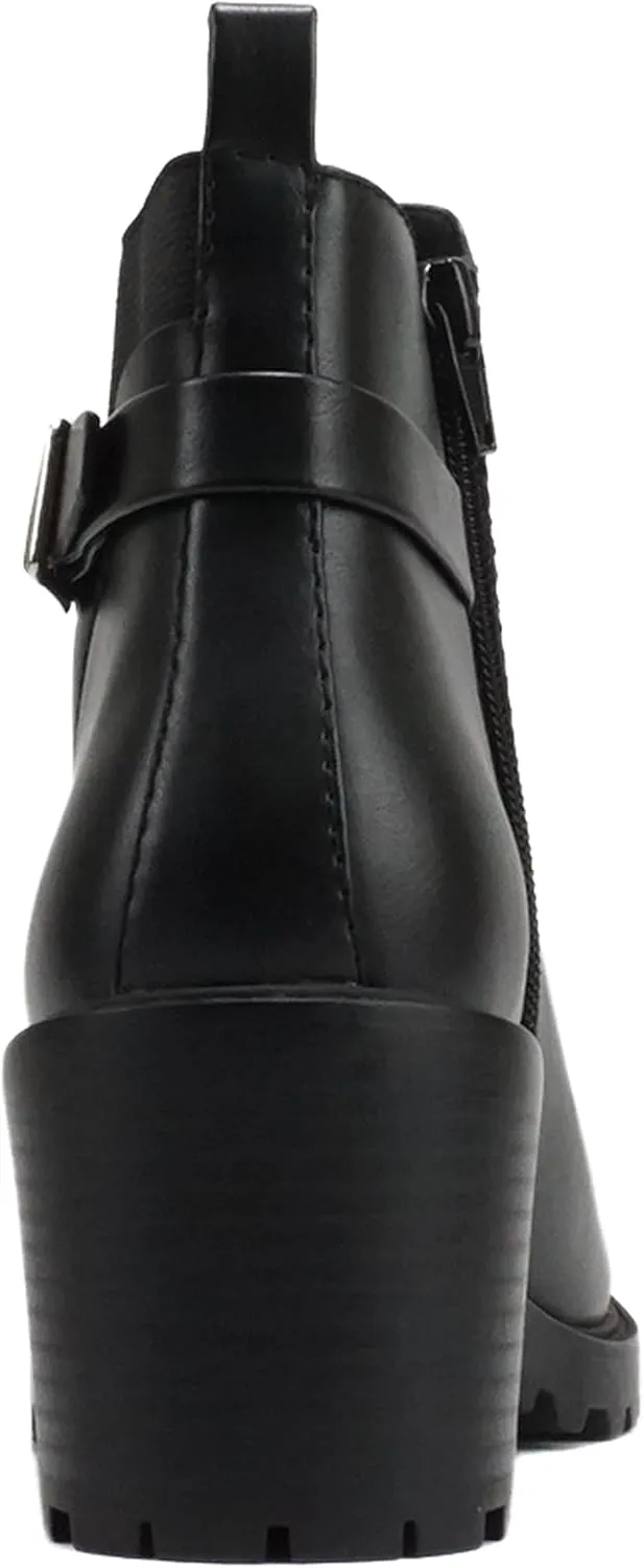 Soda “PUGGLE” ~ Women Round Toe Elastic Gore Belted Strap Lug Sole Low Heel Ankle Boot with Side Zipper