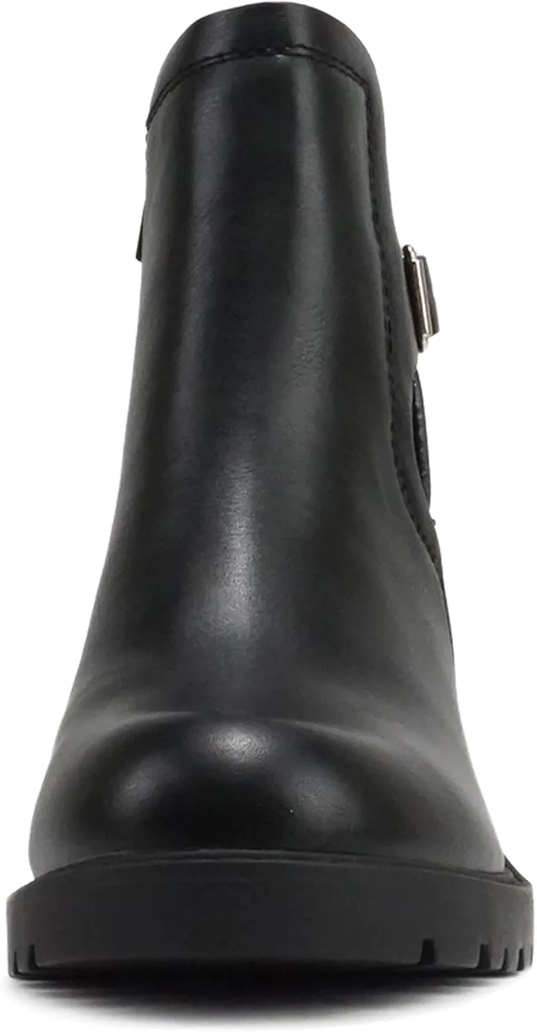Soda “PUGGLE” ~ Women Round Toe Elastic Gore Belted Strap Lug Sole Low Heel Ankle Boot with Side Zipper