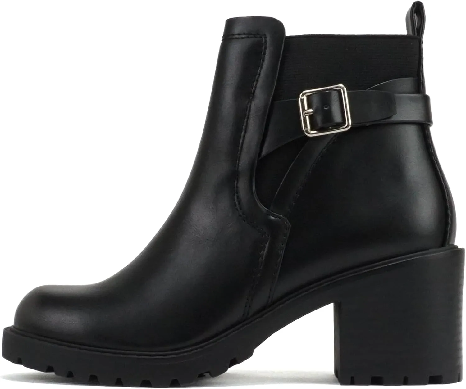 Soda “PUGGLE” ~ Women Round Toe Elastic Gore Belted Strap Lug Sole Low Heel Ankle Boot with Side Zipper