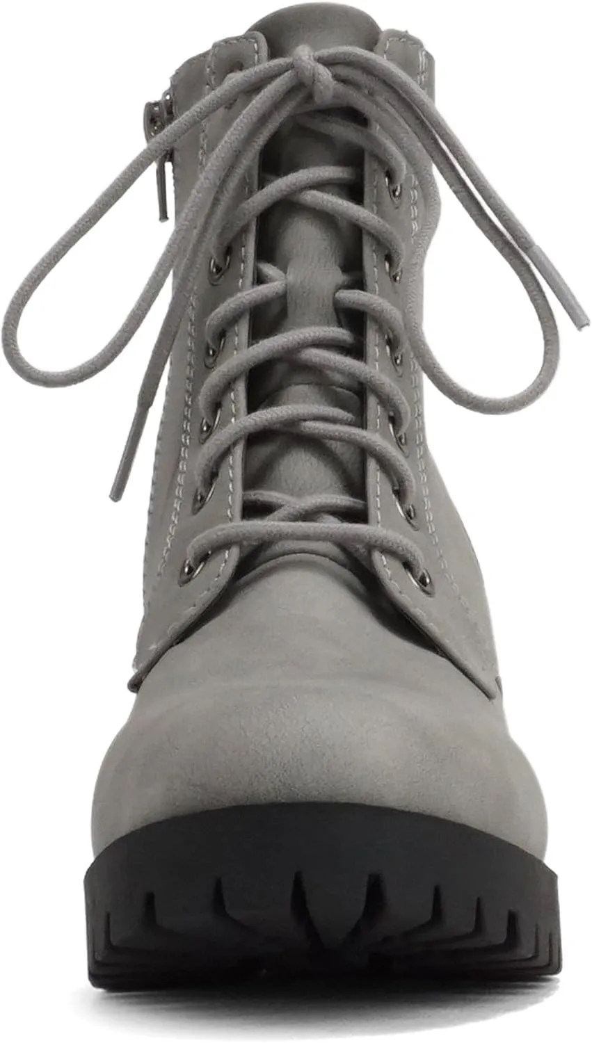 Soda Single Lug Sole Chunky Heel Combat Ankle Boot Lace up w/Side Zipper