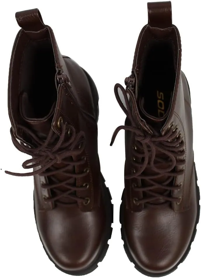 Soda Wome's Faux Leather Lace Up Combat Lug Sole Ankle Bootie