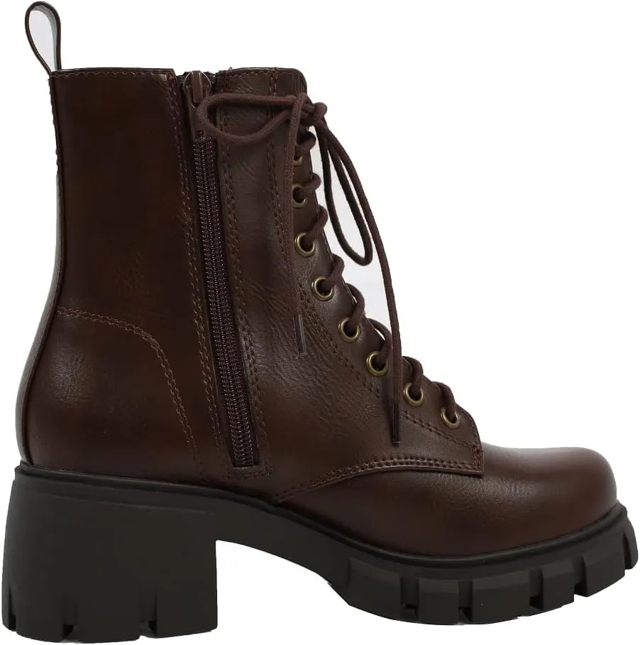 Soda Wome's Faux Leather Lace Up Combat Lug Sole Ankle Bootie