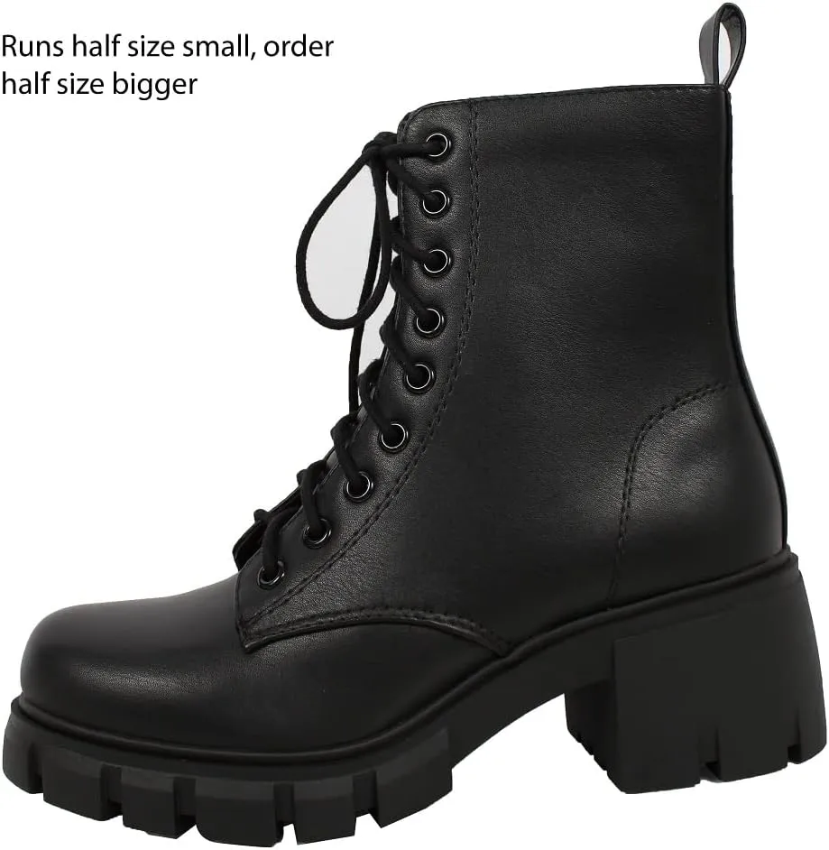 Soda Wome's Faux Leather Lace Up Combat Lug Sole Ankle Bootie