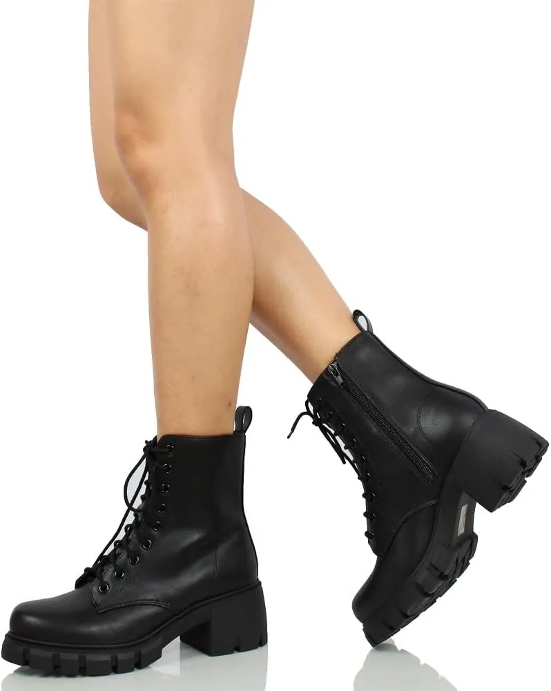 Soda Wome's Faux Leather Lace Up Combat Lug Sole Ankle Bootie