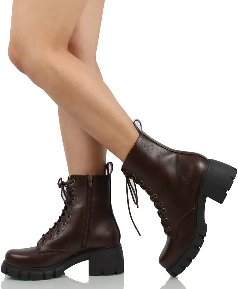 Soda Wome's Faux Leather Lace Up Combat Lug Sole Ankle Bootie