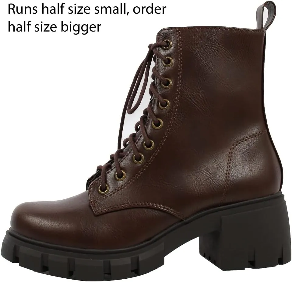 Soda Wome's Faux Leather Lace Up Combat Lug Sole Ankle Bootie