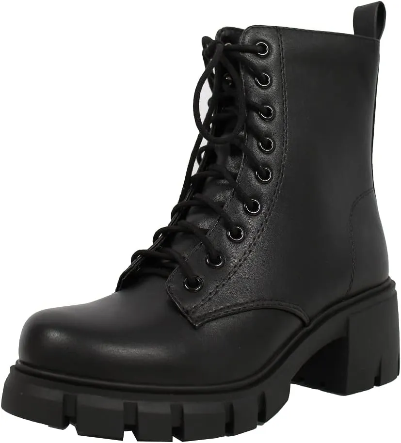 Soda Wome's Faux Leather Lace Up Combat Lug Sole Ankle Bootie