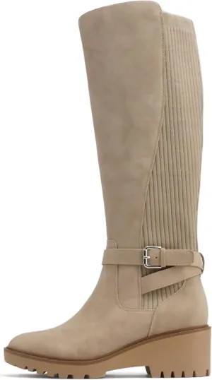 Soda “ZONE” ~ Women Round Toe Elastic Sweater Belted Strap Lug Sole Low Wedge Heel Knee-High Boot with Side Zipper