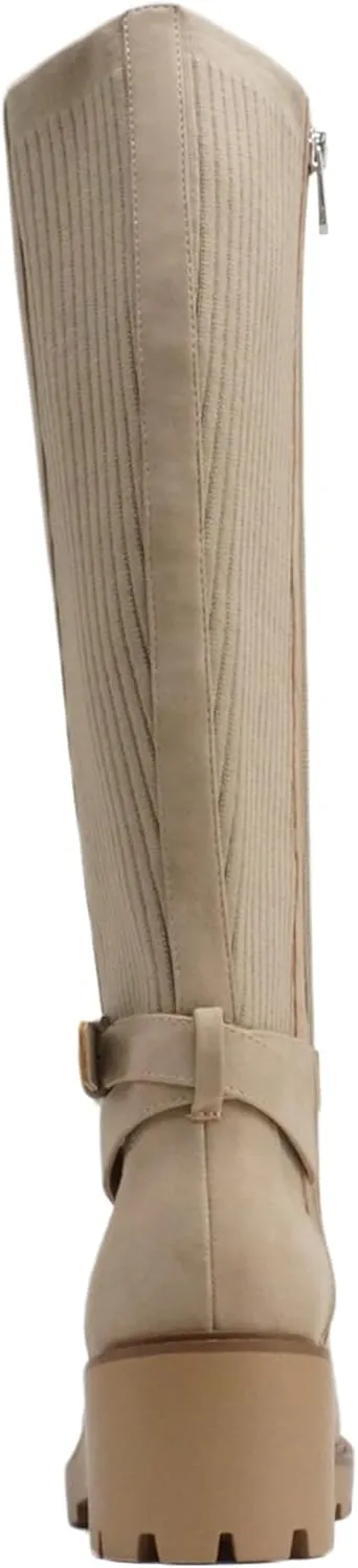 Soda “ZONE” ~ Women Round Toe Elastic Sweater Belted Strap Lug Sole Low Wedge Heel Knee-High Boot with Side Zipper