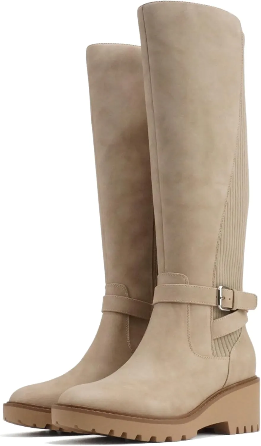 Soda “ZONE” ~ Women Round Toe Elastic Sweater Belted Strap Lug Sole Low Wedge Heel Knee-High Boot with Side Zipper