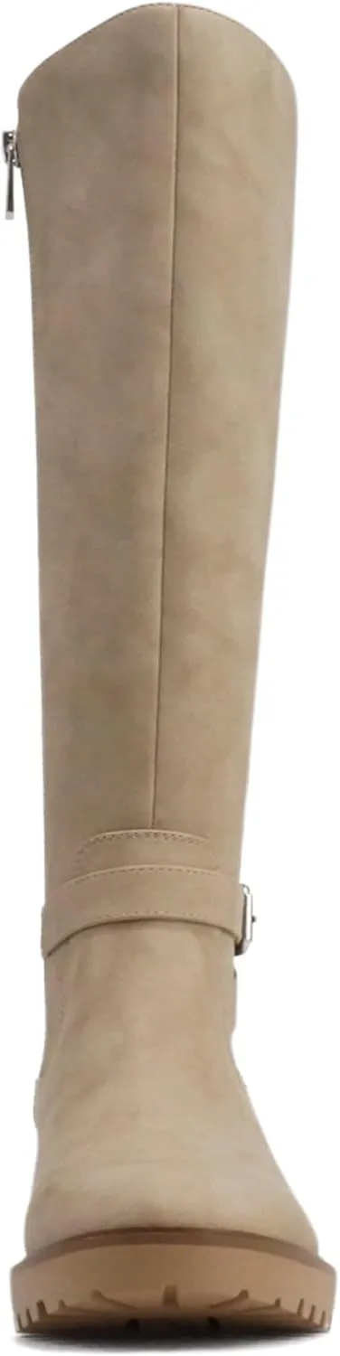 Soda “ZONE” ~ Women Round Toe Elastic Sweater Belted Strap Lug Sole Low Wedge Heel Knee-High Boot with Side Zipper