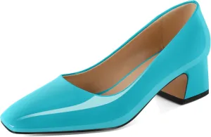 Soireelady Womens Chunky Block Heels Square Toe Low Heel Pumps Closed Toe Slip On Patent Classic Dress Shoes 2 Inches