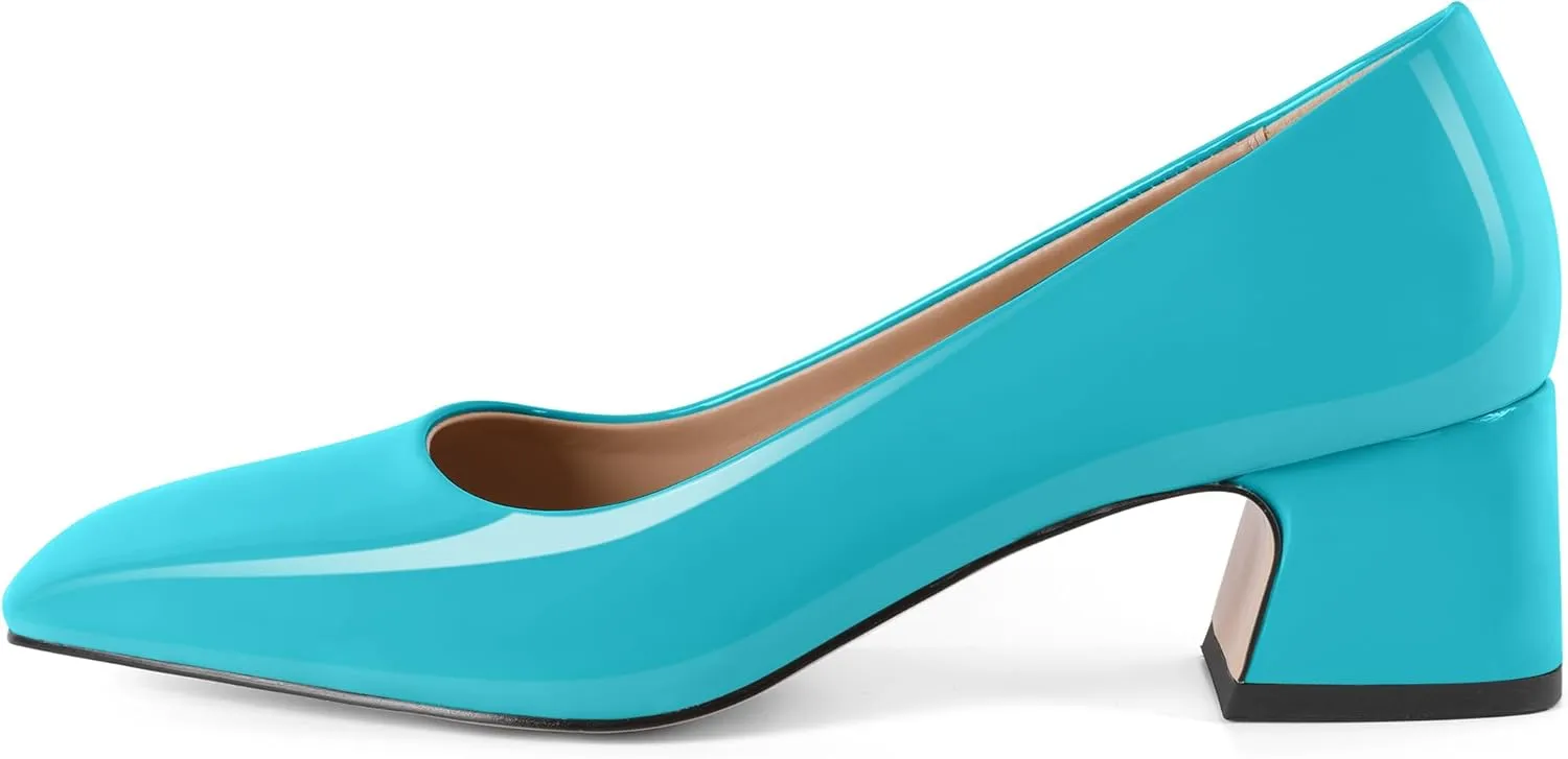Soireelady Womens Chunky Block Heels Square Toe Low Heel Pumps Closed Toe Slip On Patent Classic Dress Shoes 2 Inches