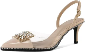 Soireelady Womens Low Kitten Slingback Heel Pumps Transparent Clear PVC Shoes Pointed Toe Slip On Crystal Rhinestones Dress Shoes 2.5 Inches