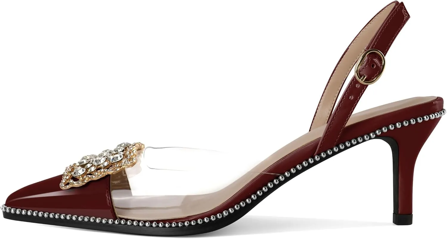 Soireelady Womens Low Kitten Slingback Heel Pumps Transparent Clear PVC Shoes Pointed Toe Slip On Crystal Rhinestones Dress Shoes 2.5 Inches