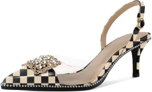 Soireelady Womens Low Kitten Slingback Heel Pumps Transparent Clear PVC Shoes Pointed Toe Slip On Crystal Rhinestones Dress Shoes 2.5 Inches