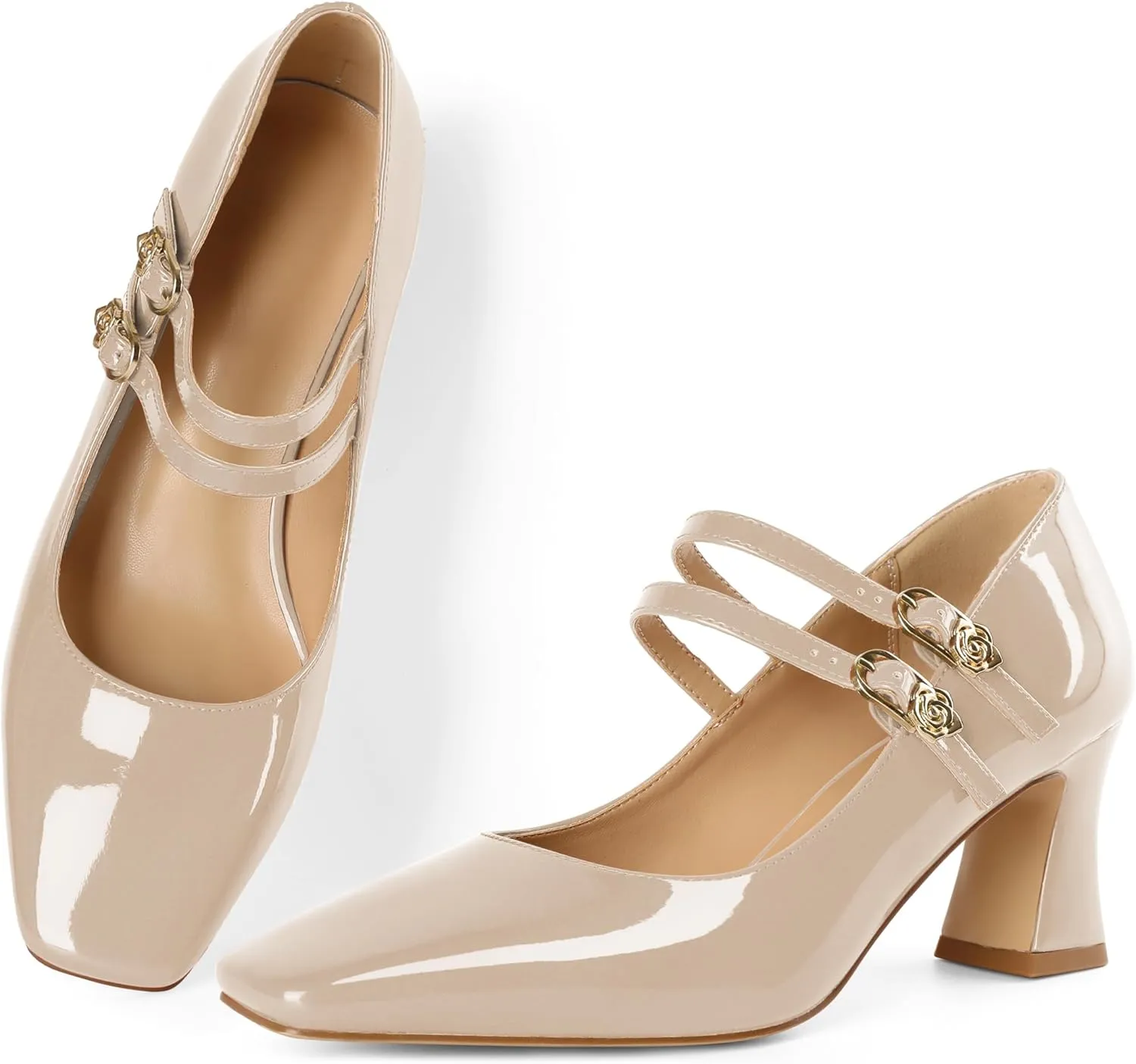 Soireelady Womens Mary Jane Shoes Chunky Block Heel Pumps Square Toe Low Heels Double Strap Buckle Comfort Dress Shoes 2.5 Inches