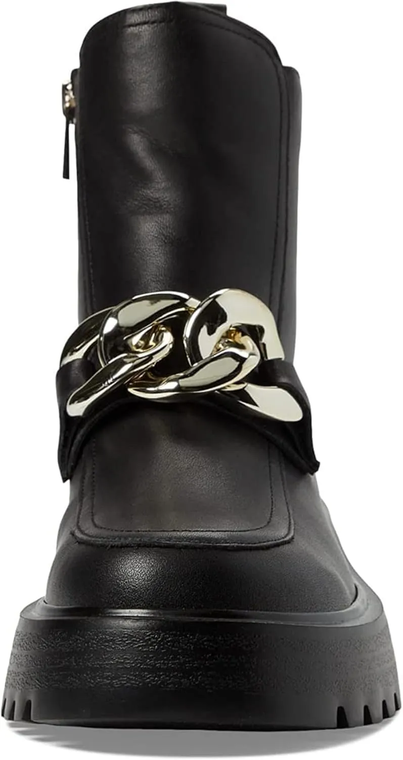 Steve Madden Cleo Black Leather Chunky Lug Sole Curb Chain Round Toe Ankle Boots