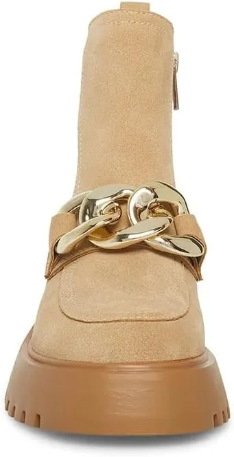 Steve Madden Cleo Black Leather Chunky Lug Sole Curb Chain Round Toe Ankle Boots