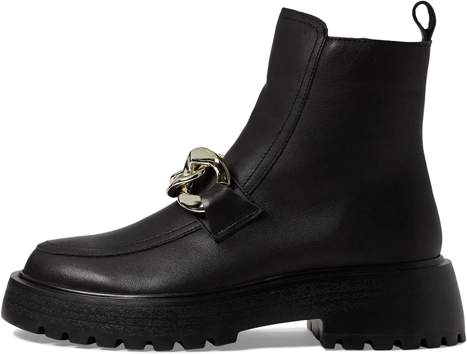 Steve Madden Cleo Black Leather Chunky Lug Sole Curb Chain Round Toe Ankle Boots