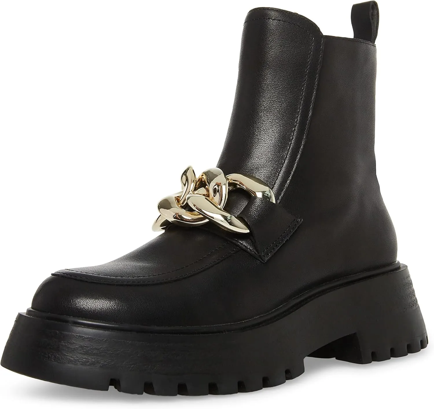 Steve Madden Cleo Black Leather Chunky Lug Sole Curb Chain Round Toe Ankle Boots