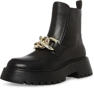 Steve Madden Cleo Black Leather Chunky Lug Sole Curb Chain Round Toe Ankle Boots
