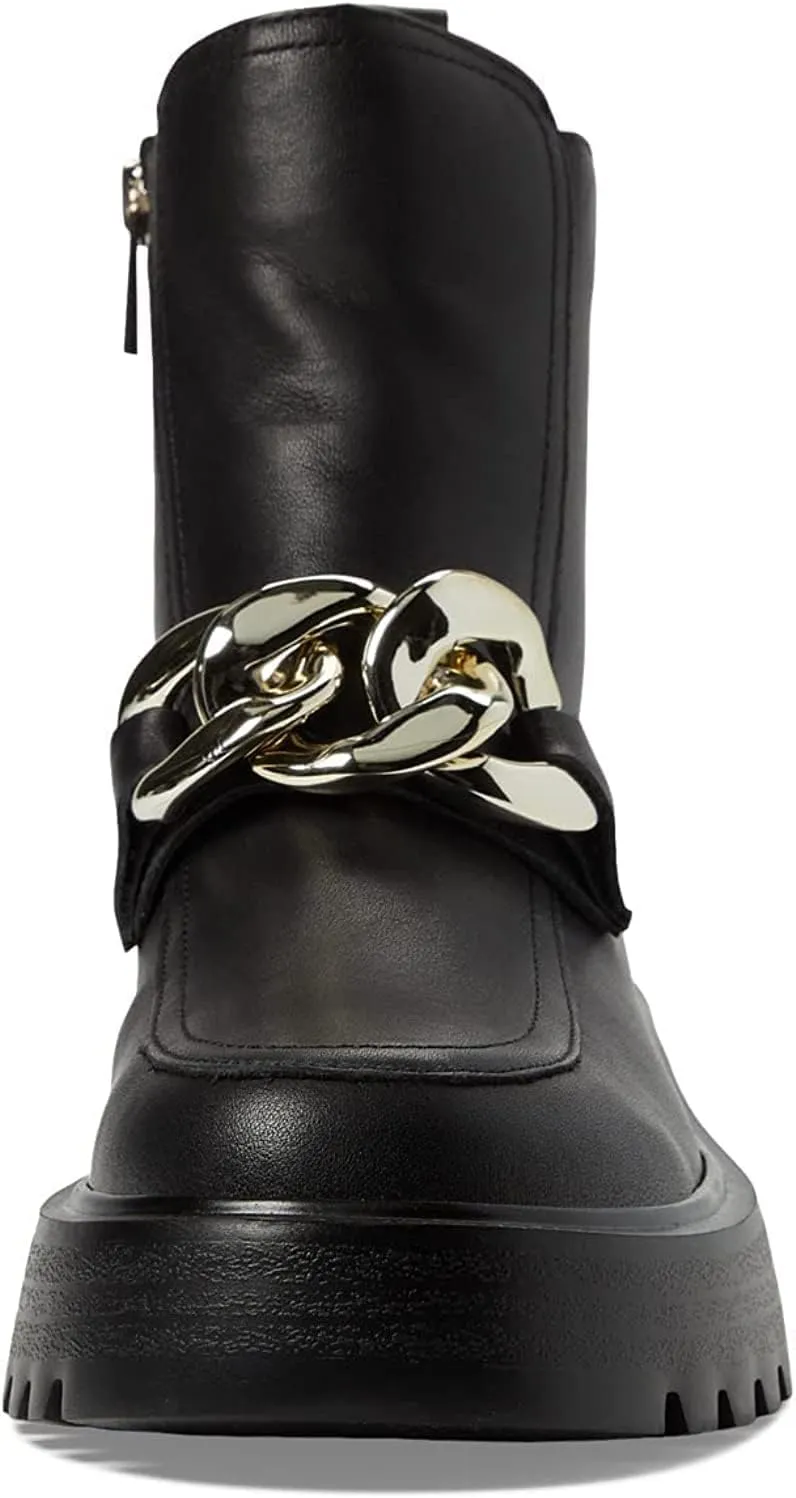 Steve Madden Cleo Black Leather Chunky Lug Sole Curb Chain Round Toe Ankle Boots