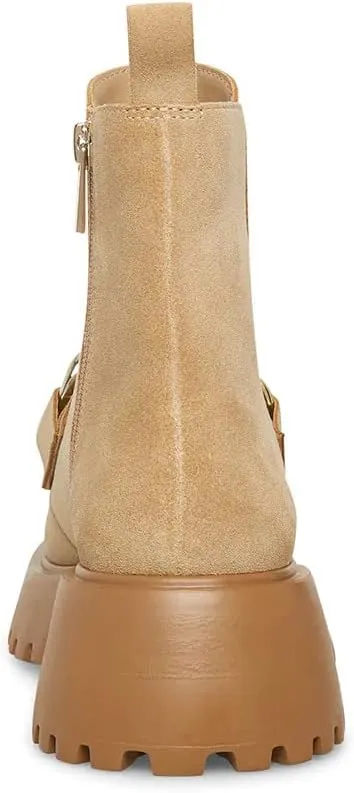 Steve Madden Cleo Black Leather Chunky Lug Sole Curb Chain Round Toe Ankle Boots