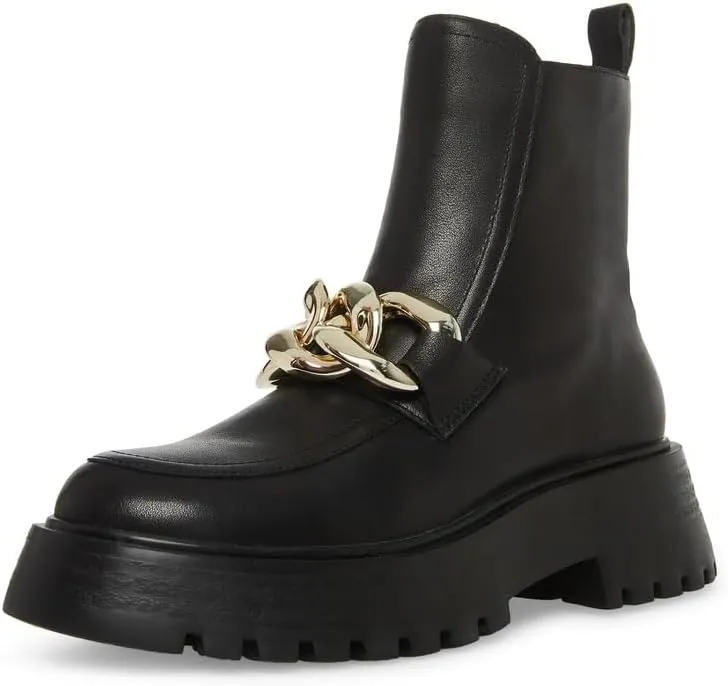 Steve Madden Cleo Black Leather Chunky Lug Sole Curb Chain Round Toe Ankle Boots