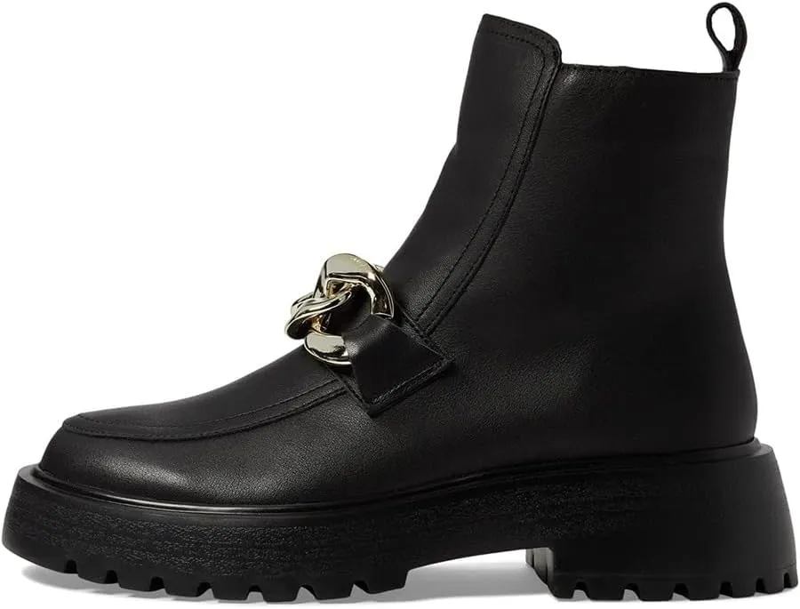Steve Madden Cleo Black Leather Chunky Lug Sole Curb Chain Round Toe Ankle Boots