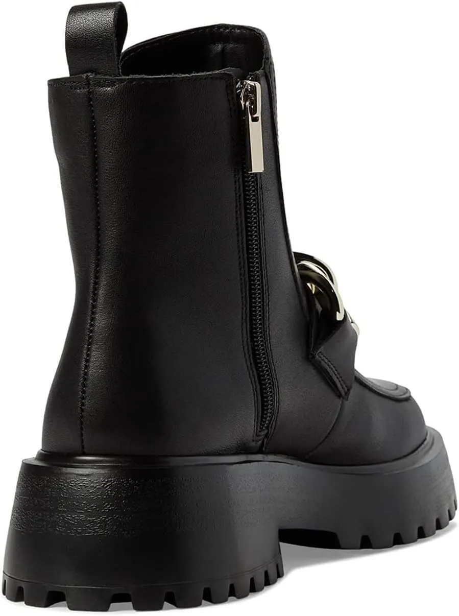 Steve Madden Cleo Black Leather Chunky Lug Sole Curb Chain Round Toe Ankle Boots