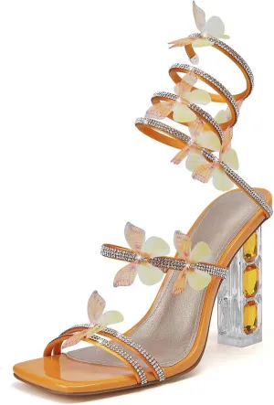 Strappy Heels for Women Rhinestone Crystal High Block Heeled Sandals Square Open Toe Sparkly Dress Prom Heels Shoes for Party Wedding