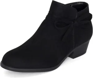 STYLISH S MIRLO-K ~ Little Girls Low Stacked Heel Almond Toe Ankle Booties With Side Zipper And Bow Tie